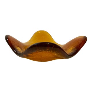 Mid-Century Blenko Wayne Husted Amber Freeform “Amoeba” Art Glass Bowl Sandblasted Makers Mark For Sale
