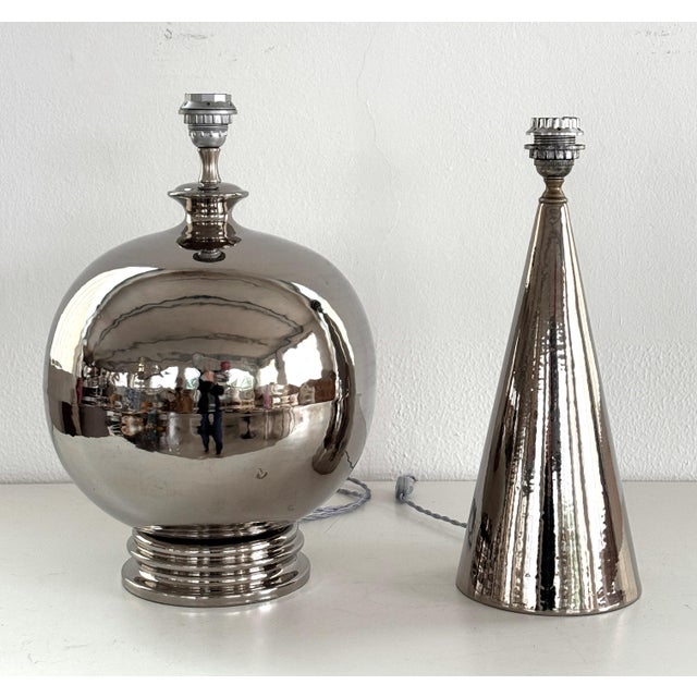 Mid-Century Italian Ceramic Table Lamp in Silver Metallic by Ugo Zaccagnini, 1970s For Sale - Image 6 of 15