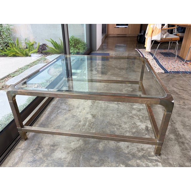 Mid-Century Modern 1970s Mastercraft Hollywood Regency Brass and Glass Square Coffee Table, Unmarked For Sale - Image 3 of 7