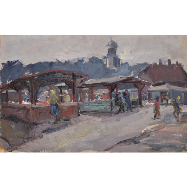 1960s Laimonis Bubieris, Market in Jelgava. 1960s, 1960s, Oil on Cardboard For Sale - Image 5 of 5