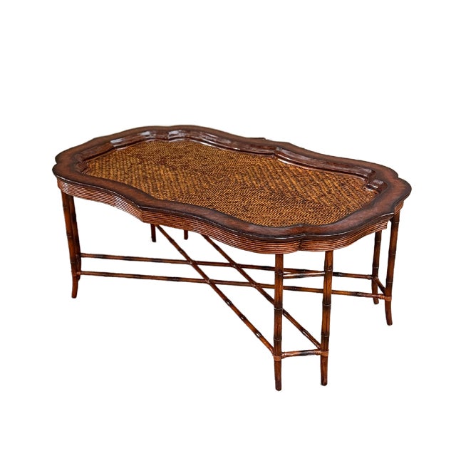 Maitland - Smith 1980s Maitland-Smith Regency Faux Bamboo Base Leather and Wicker Tray Top Coffee Table For Sale - Image 4 of 18
