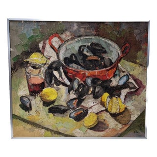 Dutch or Belgian Artist, Still Life with Mussels and Lemons, 1970s, Oil on Canvas For Sale