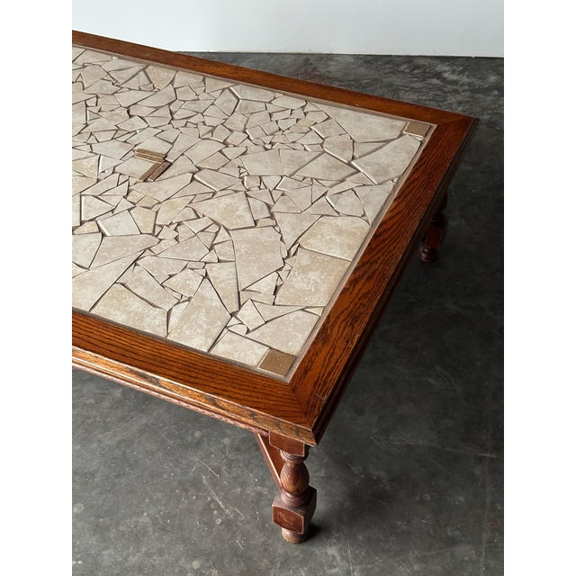 1970s Hand-Laid Stone Mosaic Coffee Table on Vintage Oak Trestle Base For Sale In Greensboro - Image 6 of 18