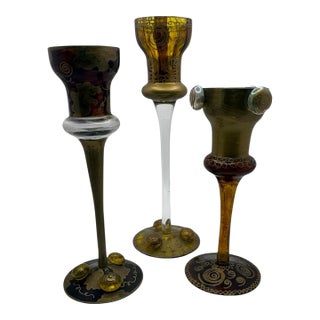Set of 3 Vintage Rebecca Rish Hand Painted Candlesticks For Sale