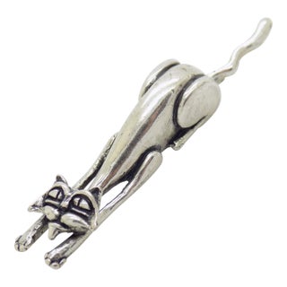 Vintage Italian Handmade Genuine Silver Stretching Cat Figurine Miniature For Sale