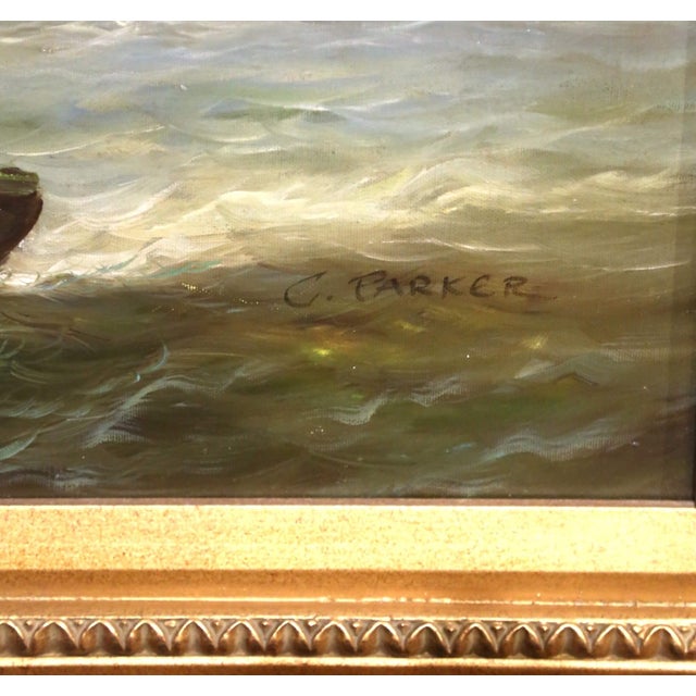 Mid 20th Century Mid-Century American Marine Oil Painting of Sailing Vessels Signed C. Parker For Sale - Image 5 of 10