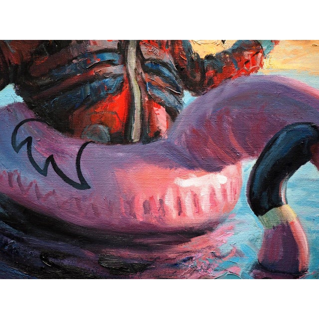 Make Room for Your Inner Stoic by Andreas Claussen | Oil on canvas Astronaut on a flamingo float with various objects. For Sale - Image 4 of 5