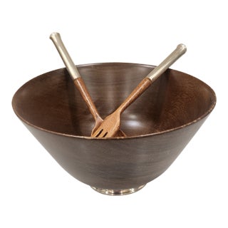 1970s Newport Mid Century Modern Wood and Sterling Silver Salad Bowl and Utensils Made in France For Sale