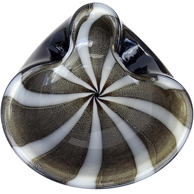 Vintage Murano Alfredo Barbini Black White Gold Flecks Italian Art Glass Mid Century Bowl Ashtray For Sale In Orlando - Image 6 of 6