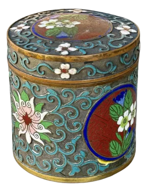 Antique Chinese Cloisonné Champlevé Floral Lidded Box W/ Lotus & Scroll Design, Qing / Republic Period