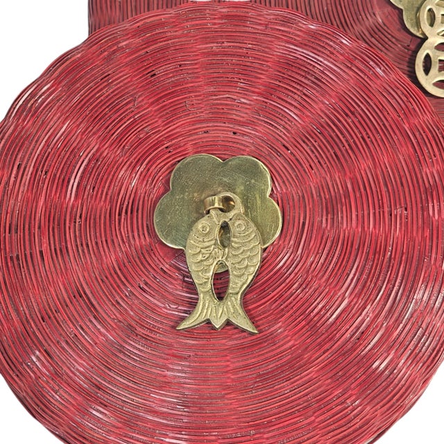 Wood Vintage Chinese Hand Woven Wicker Baskets With Lids and Brass Handles – Set of 2 For Sale - Image 7 of 9