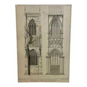 Antique Architectural Print of the Exterior & Interior Nave of the Beverley Minster Church in Yorkshire, England - Circa 1829