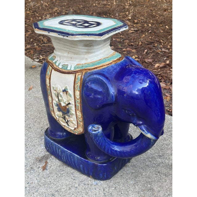 Chinese Ceramic Elephant Garden Seat, Cobalt Blue With Turquoise Accents For Sale - Image 4 of 10
