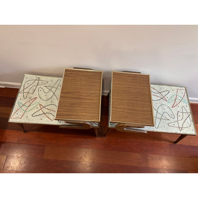 Wood Pair of 1950s Atomic Mosaic Step-End Side Tables – Collector Set For Sale - Image 7 of 17