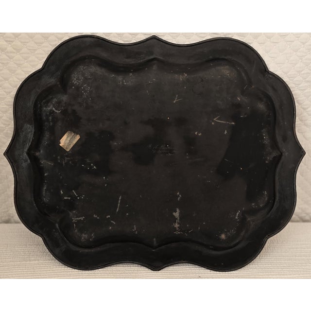 English Antique Black Japanned Metal Tray With Gilt Floral and Butterfly Decoration For Sale - Image 3 of 4