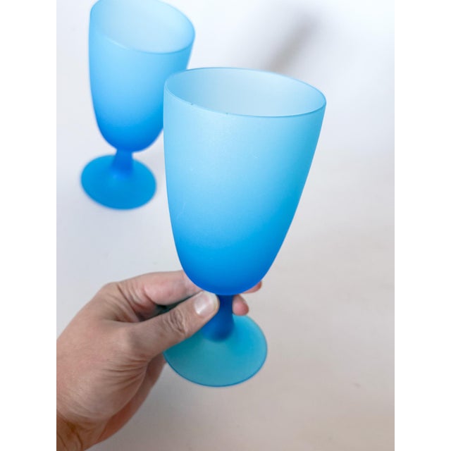 Carlo Moretti 1960s Carlo Moretti Italy Satinato Frosted Blue Wine Water Glasses - A Pair For Sale - Image 4 of 6