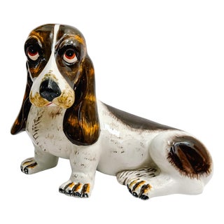 Mid-Century Italian Hand-Glazed Majolica Reclining Basset Hound Statue For Sale