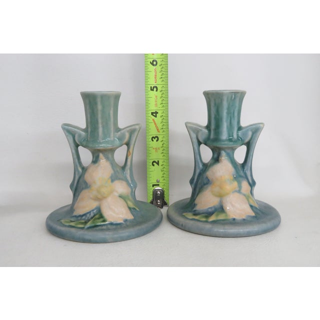 Blue Roseville Pottery Clematis Ceil Blue Candlestick Holders 1159 a Pair 4687b For Sale - Image 8 of 15