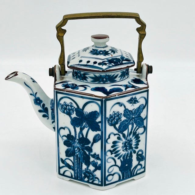 Metal Vintage Blue and White Chinoiserie Hexagon Teapot With Bronze Handle For Sale - Image 7 of 15