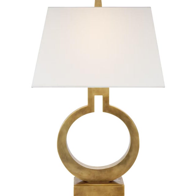 Modern Chapman & Myers by Visual Comfort Signature Ring Form Small Table Lamp in Antique-Burnished Brass with Linen Shade For Sale - Image 3 of 3