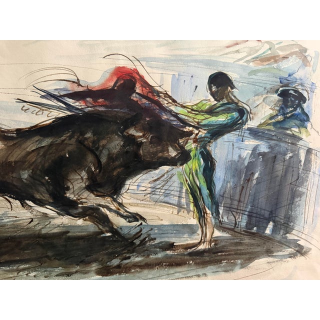 Ivory Mid-Century Original John Groth Bullfight Ink & Watercolor Drawing - Custom Archival Float Frame With Tru Vue Uv Glass For Sale - Image 8 of 10
