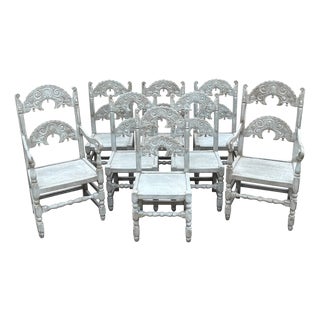 Antique Painted Carved Oak Derbyshire Dining Chairs, 1910, Set of 8 For Sale