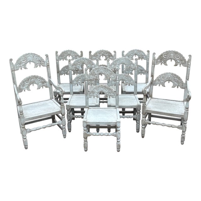 Antique Painted Carved Oak Derbyshire Dining Chairs, 1910, Set of 8 For Sale
