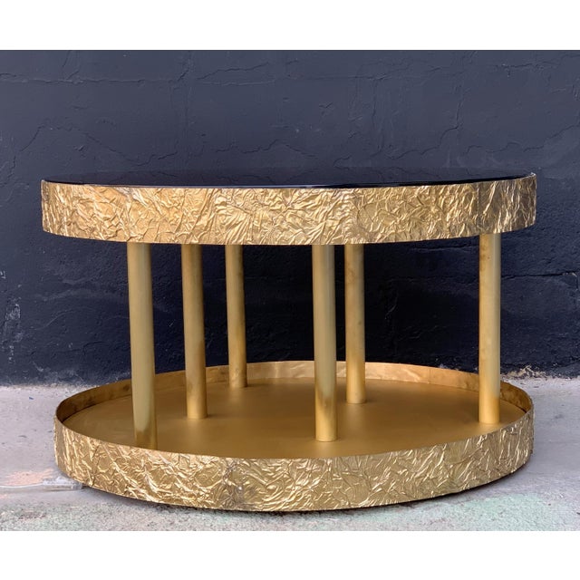 Bronze and Metal Round Center Table with Black Glass and Base with Light For Sale - Image 18 of 18