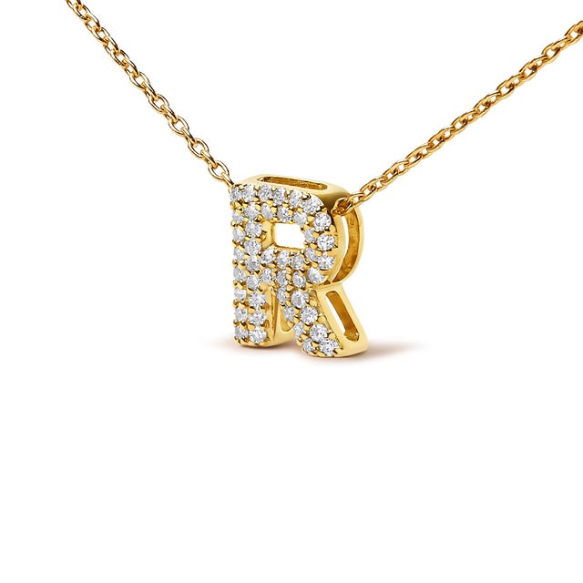 Contemporary 10K Yellow Gold Diamond Accent "R" Initial Bubble Pendant Necklace For Sale - Image 3 of 5