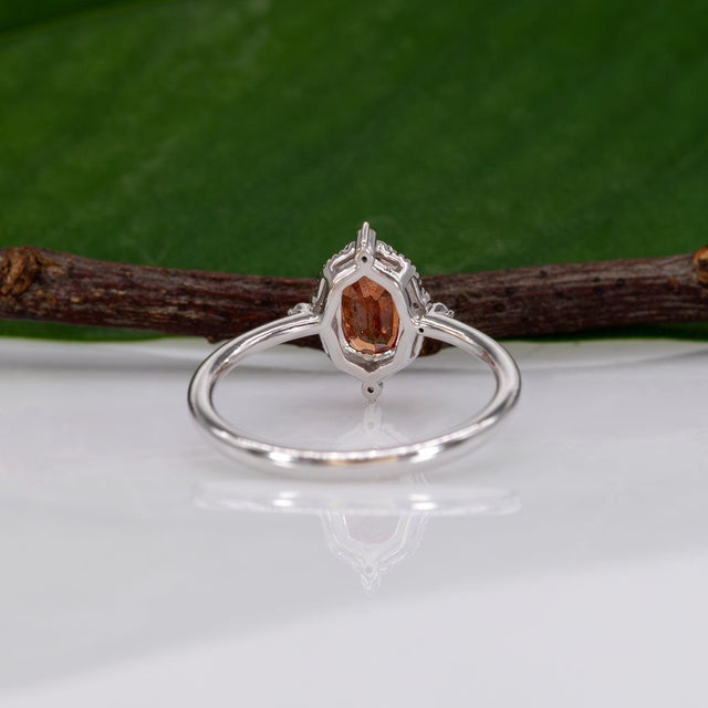 Padparadscha Sapphire Halo Ring With Natural Diamond Accents in Solid 14k Gold, Size 6.75 For Sale - Image 9 of 10