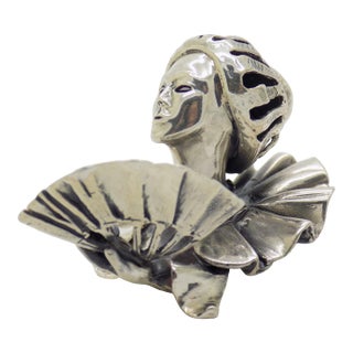 Vintage Italian Handmade Sterling Silver 925 Woman With Fan Bust Figurine Decorative Solid Sculpture For Sale