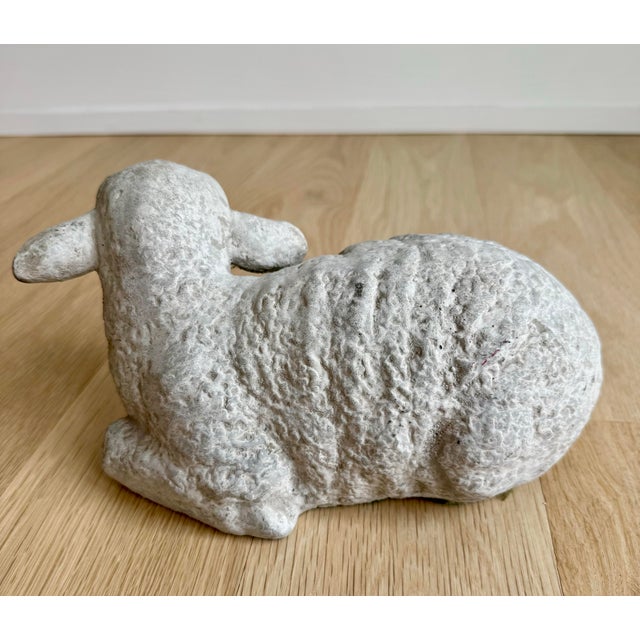 English Vintage Cast Stone Recumbent Lamb – 12" Garden Statue or Interior Doorstop For Sale - Image 3 of 7