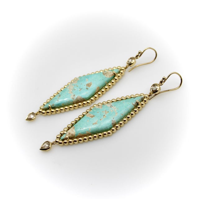 2000 - 2009 14k Gold Turquoise and Rose Cut Diamond Dangle Earrings, Pair For Sale - Image 5 of 9