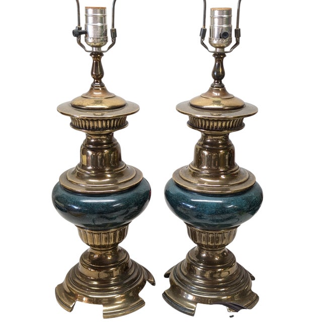 Pair of Brass & Marble Table Lamps. Possibly by Stiffel. Both have matching harps.