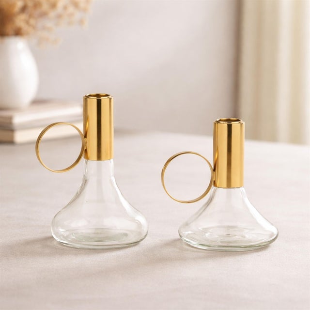Modern Modern Metal Taper Candle Holder with Glass Base (Set of 2) For Sale - Image 3 of 5