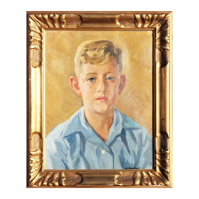 Abstract Hans Christian Barenholdt Figurative Yellow and Blue-Toned Realistic Impressionist Portrait of a Boy, 1940s For Sale - Image 3 of 10