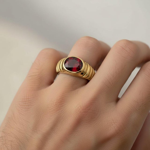 Oval Bezel Garnet Ring for Men Silver, Gold, Size 10 For Sale - Image 4 of 5