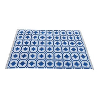 Handmade Cotton Rug, Indigo Blue And White Star Pattern Striped and Cream Fringe - 6'x9' For Sale