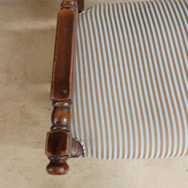 Wood Vintage English Open Wooden Arm Chair in Stripped Tan and Light Blue Upholstery For Sale - Image 7 of 8