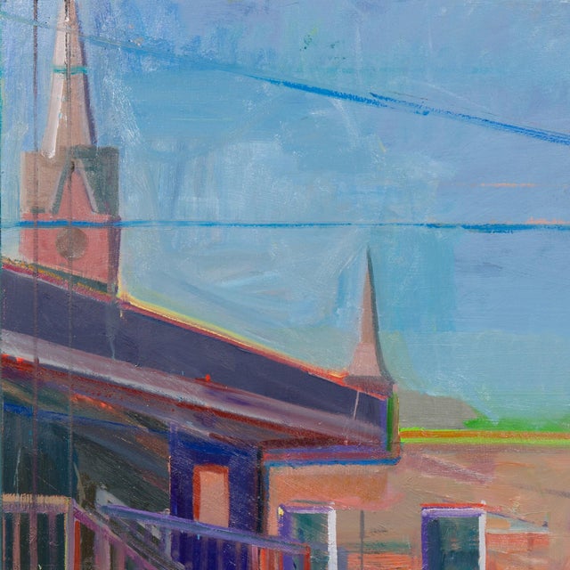 This oil on canvas artwork presents a striking architectural scene of the Fort Smith Hotel, characterized by bold lines...