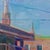 This oil on canvas artwork presents a striking architectural scene of the Fort Smith Hotel, characterized by bold lines...