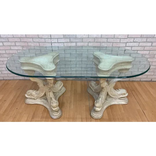 Modern Vintage Neoclassical Faux-Stone Dolphin Pedestal Table With Glass Top For Sale - Image 3 of 11