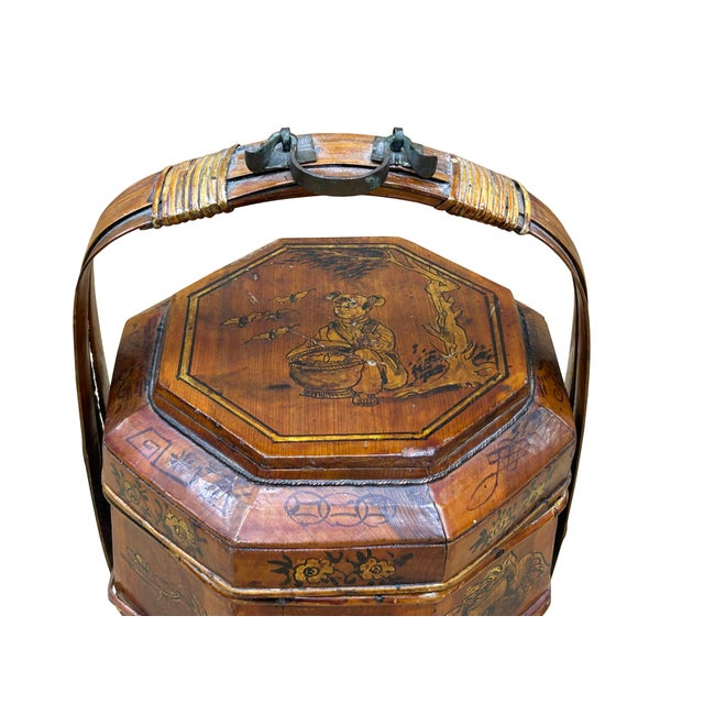Vintage Oriental Octagonal Golden Graphic Stack Wedding Basket Display For Sale - Image 13 of 16