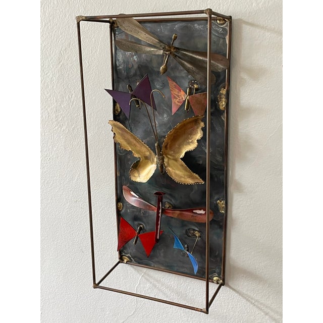 Vintage metal art sculpture of butterflies and dragonflies. Metal appears to be copper or brass and insects are enameled....
