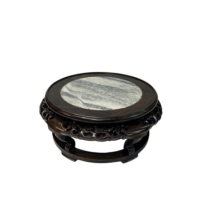 8.25" Oriental Brown Wood Marble Round Table Top Stand Riser For Sale In San Francisco - Image 6 of 8