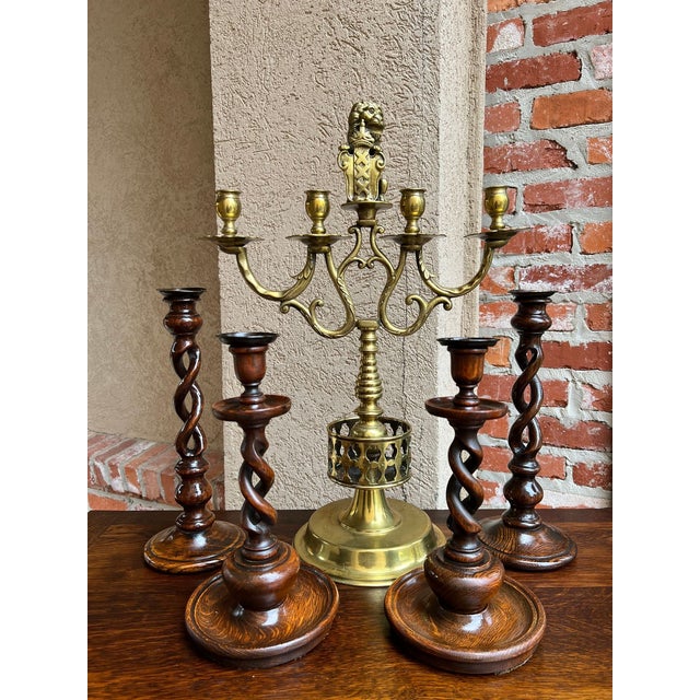 Antique English Oak Open Barley Twist Candlesticks Jacobean Pair C1890 11.0” For Sale - Image 4 of 18
