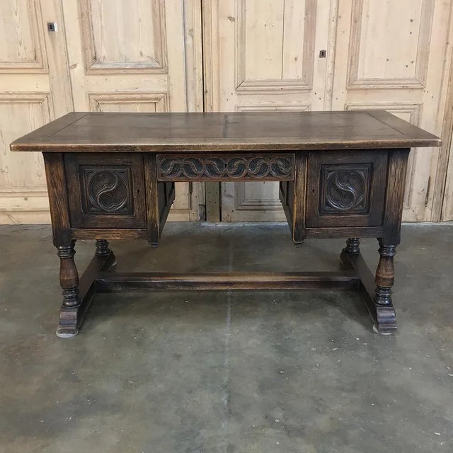 Antique Gothic Oak Desk With Leather Top For Sale In Dallas - Image 6 of 12
