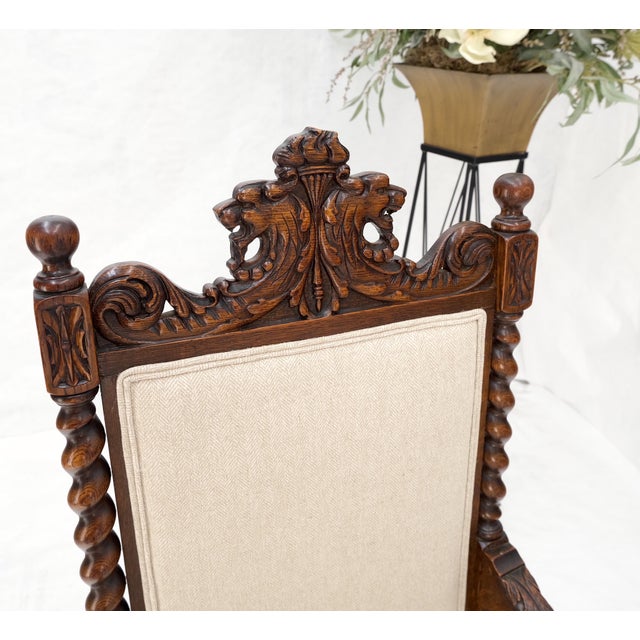 Set of 6 MINT fine Carved Oak Lion Heads Twisted Legs NEW Beige Herring Bone Fabric Upholstery Jacobean Dining Chairs.