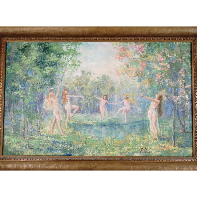 Oil on canvas by listed American artist Leola Freeman (1900-1989). Depicts a group of nude women, nymphs, dancing around a...