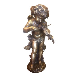 1900's Signed E. Gregoire French Bronze Cherub With Violin For Sale